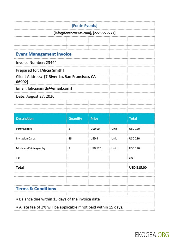 Modèle de facture de gestion d'événements